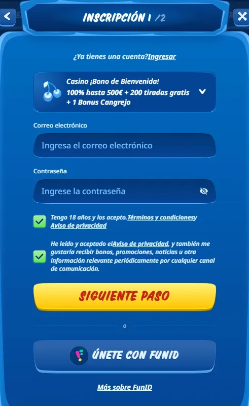 Formulario de inscripción parte 1 con email y contraseña