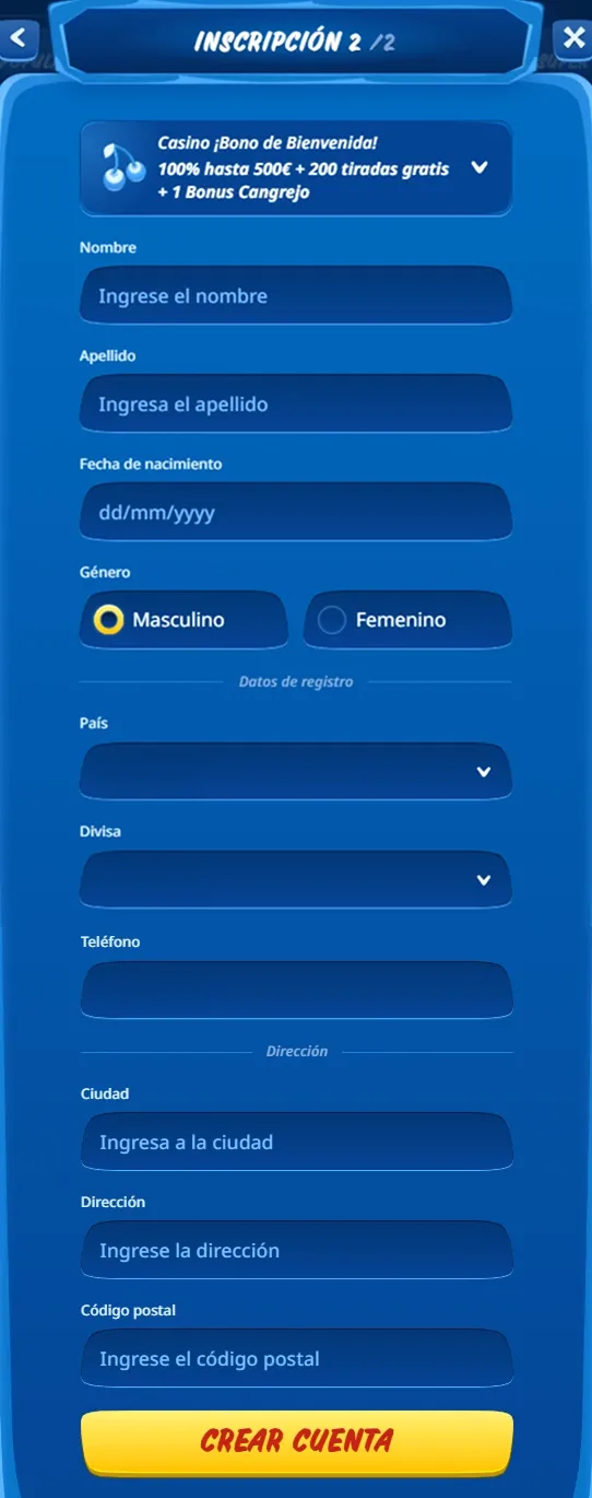 Formulario de inscripción parte 2 con datos personales