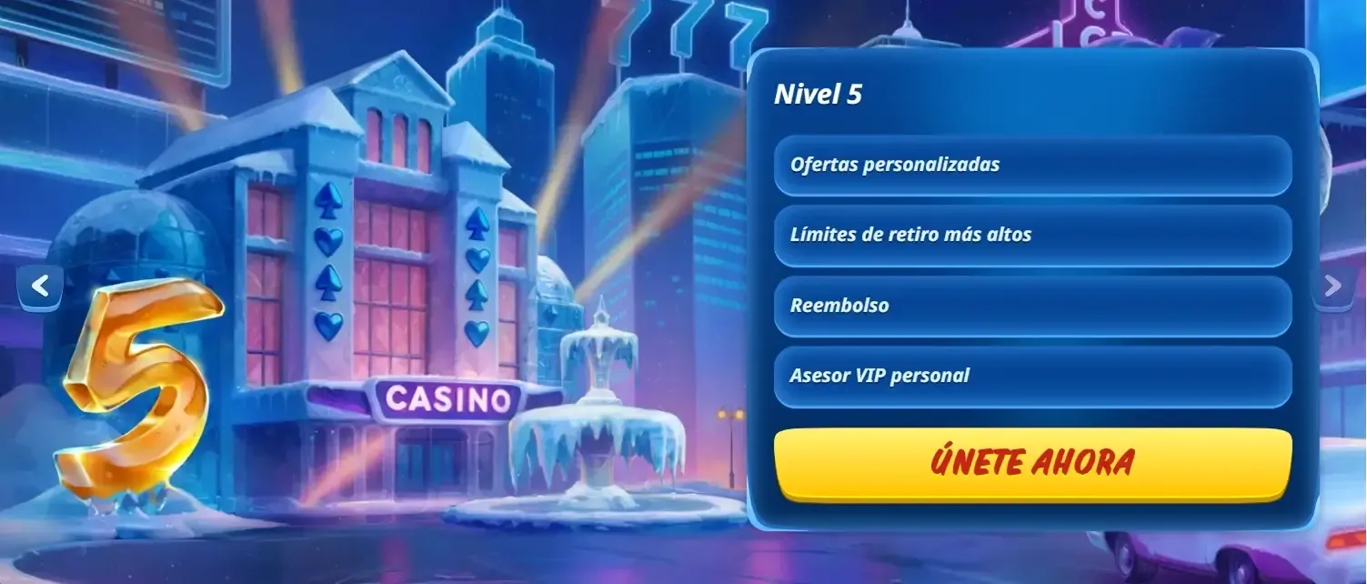 Casino nivel 5 con fuente y botón únete ahora